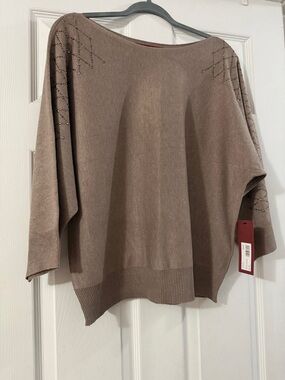 Off-the-Shoulder Beaded Taupe Sweater Love Scarlet